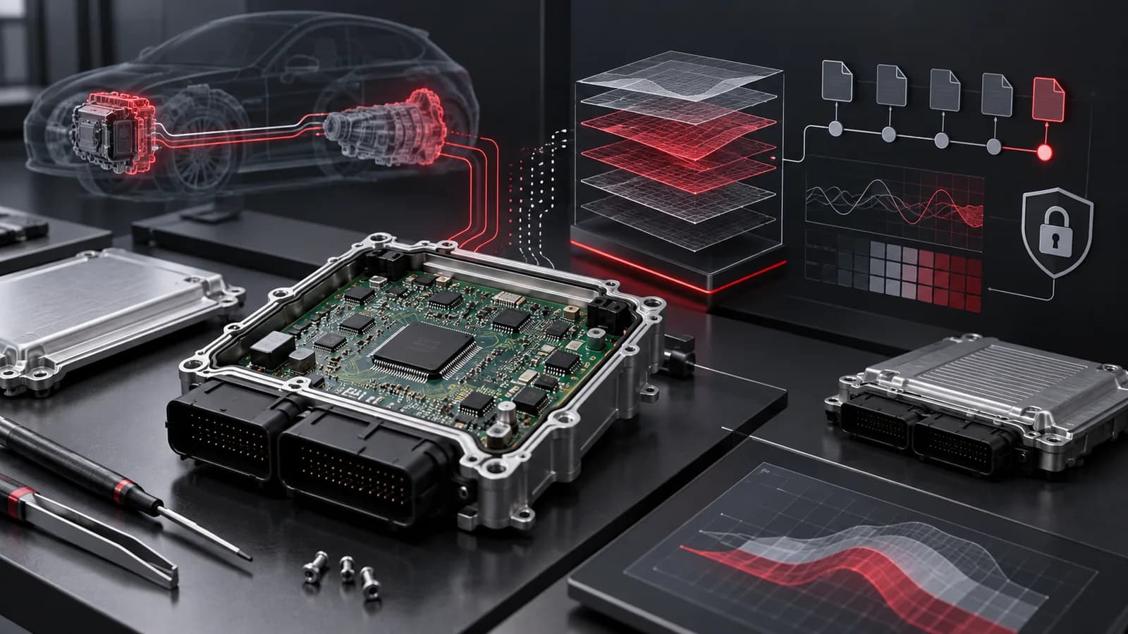 Technische Illustration eines Prüfstands für ECU- und TCU-Kalibrierdateien