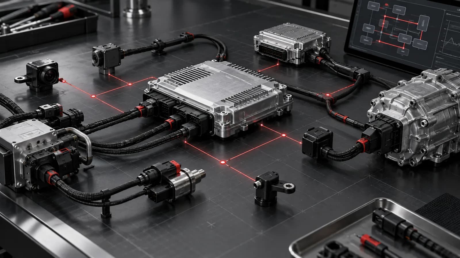 Technische Illustration vernetzter, markenneutraler Fahrzeugsteuergeräte und Sensoren