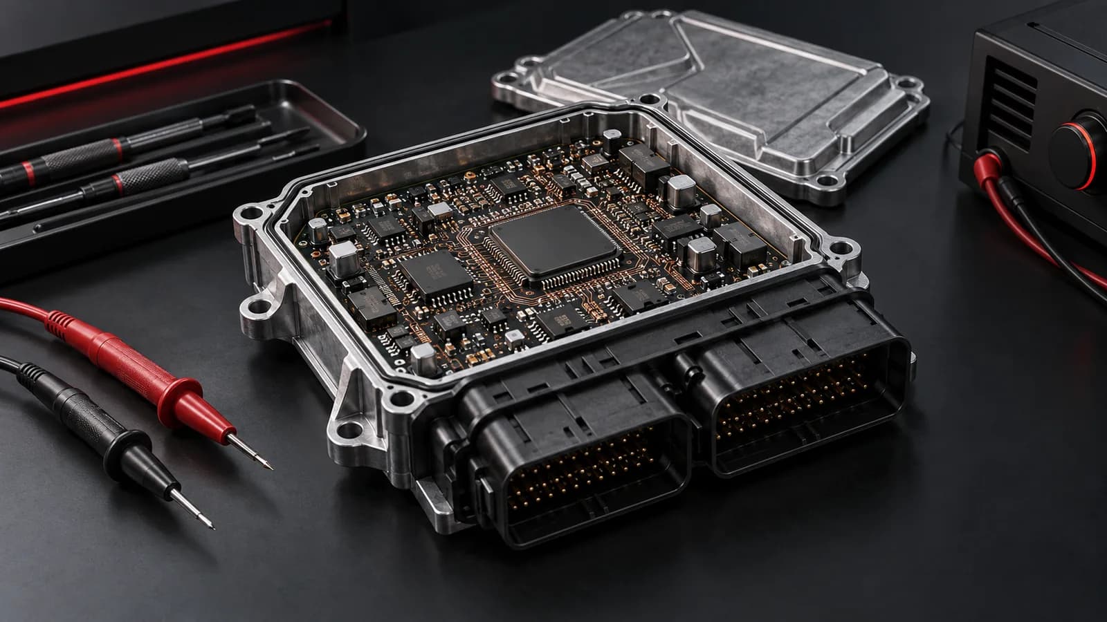 Technische Illustration eines geöffneten Motorsteuergeräts mit Elektronik und Anschlüssen