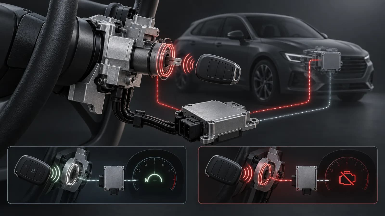 Technische Illustration von Schlüsselautorisierung, Wegfahrsperre und elektronischer Lenksäulenverriegelung