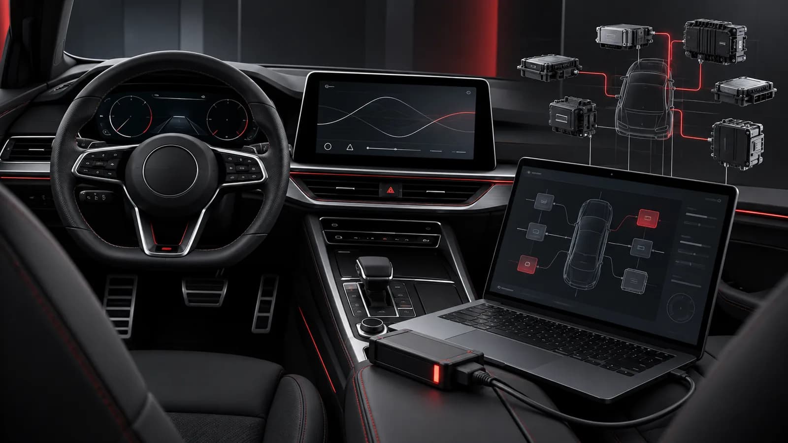 Technische Illustration von Fahrzeugcodierung, Infotainment und digitaler Vernetzung