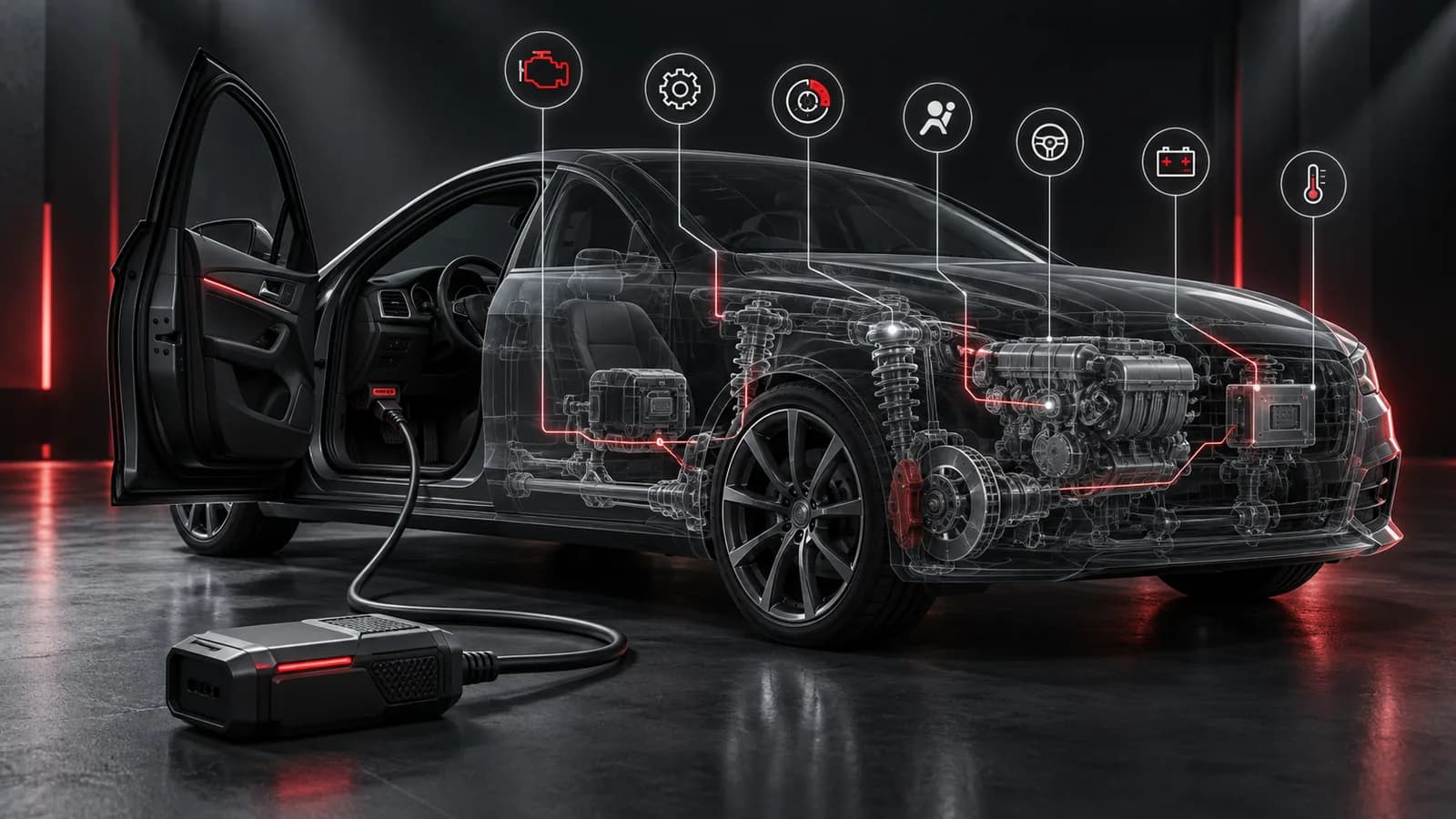 Technische Illustration einer fahrzeugweiten Diagnose über OBD und vernetzte Steuergeräte