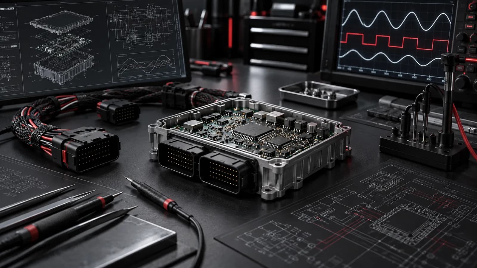 Technische Illustration eines markenneutralen ECU-Entwicklungs- und Messplatzes