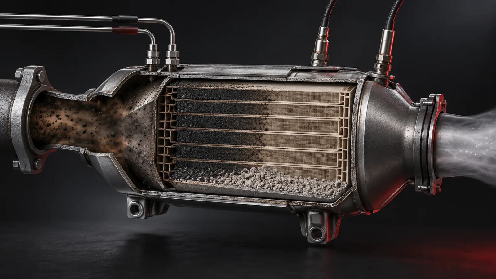 Technische Illustration von Dieselpartikelfilter, Differenzdrucksensorik und Abgasweg