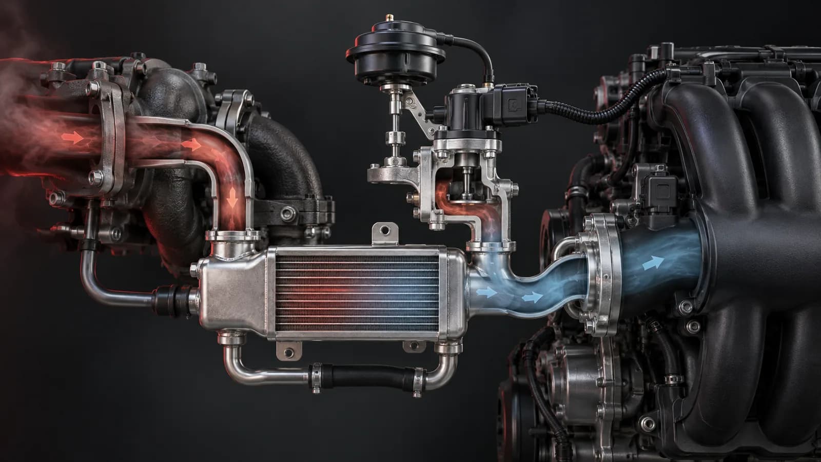 Technische Illustration von AGR-Ventil, AGR-Kühler und Abgasrückführung