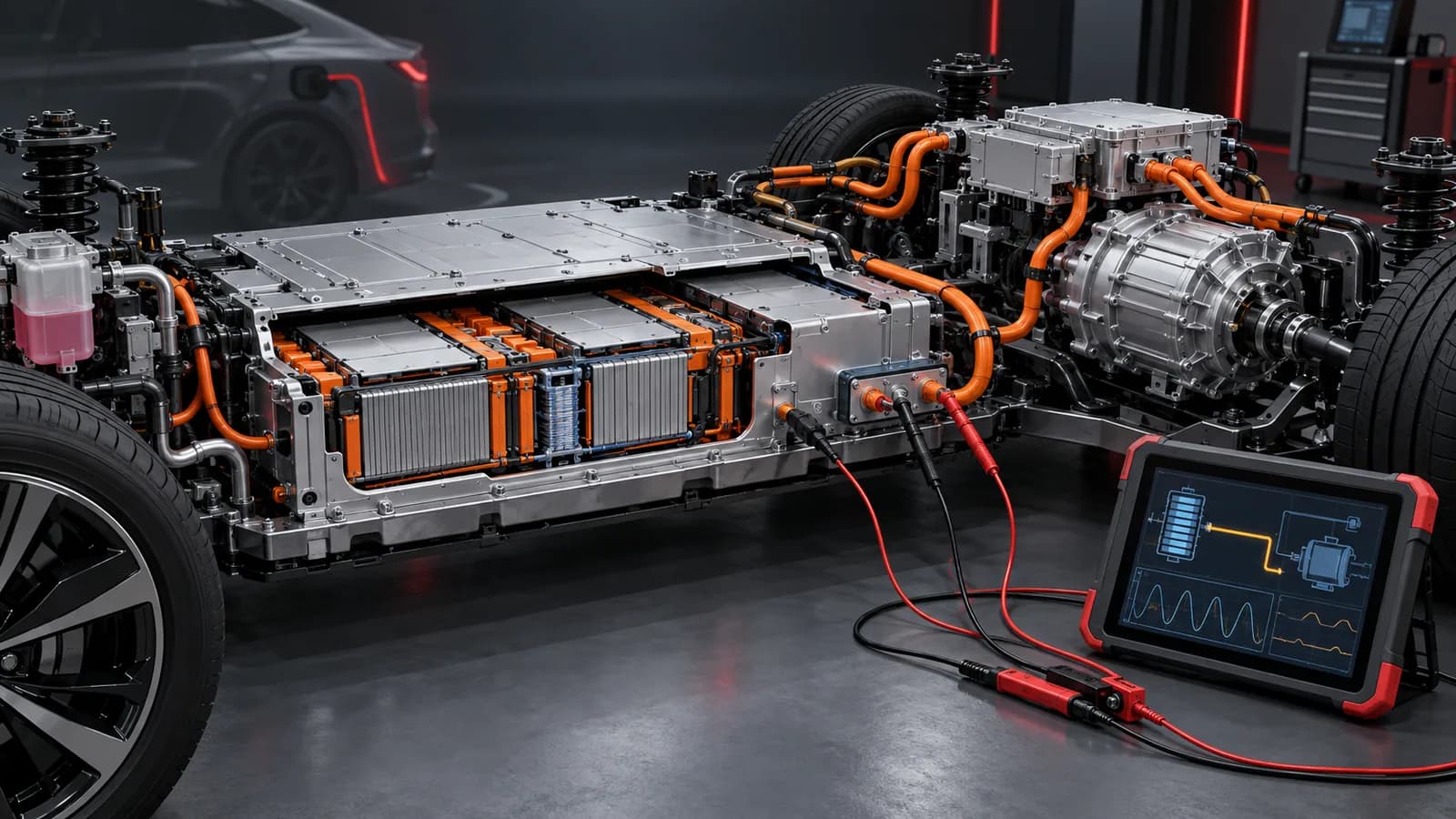Technische Illustration von Hochvoltbatterie, Inverter, Elektromotor und sicherer Messtechnik