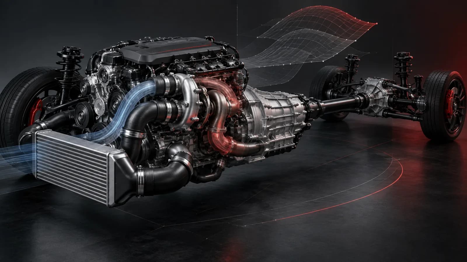 Technische Illustration von Motor, Antriebsstrang und elektronischer Kennfeldkalibrierung