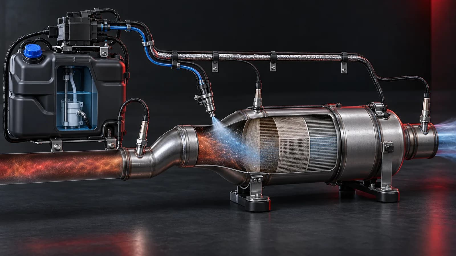 Technische Illustration von AdBlue-Versorgung, Dosierung, SCR-Katalysator und NOx-Sensoren